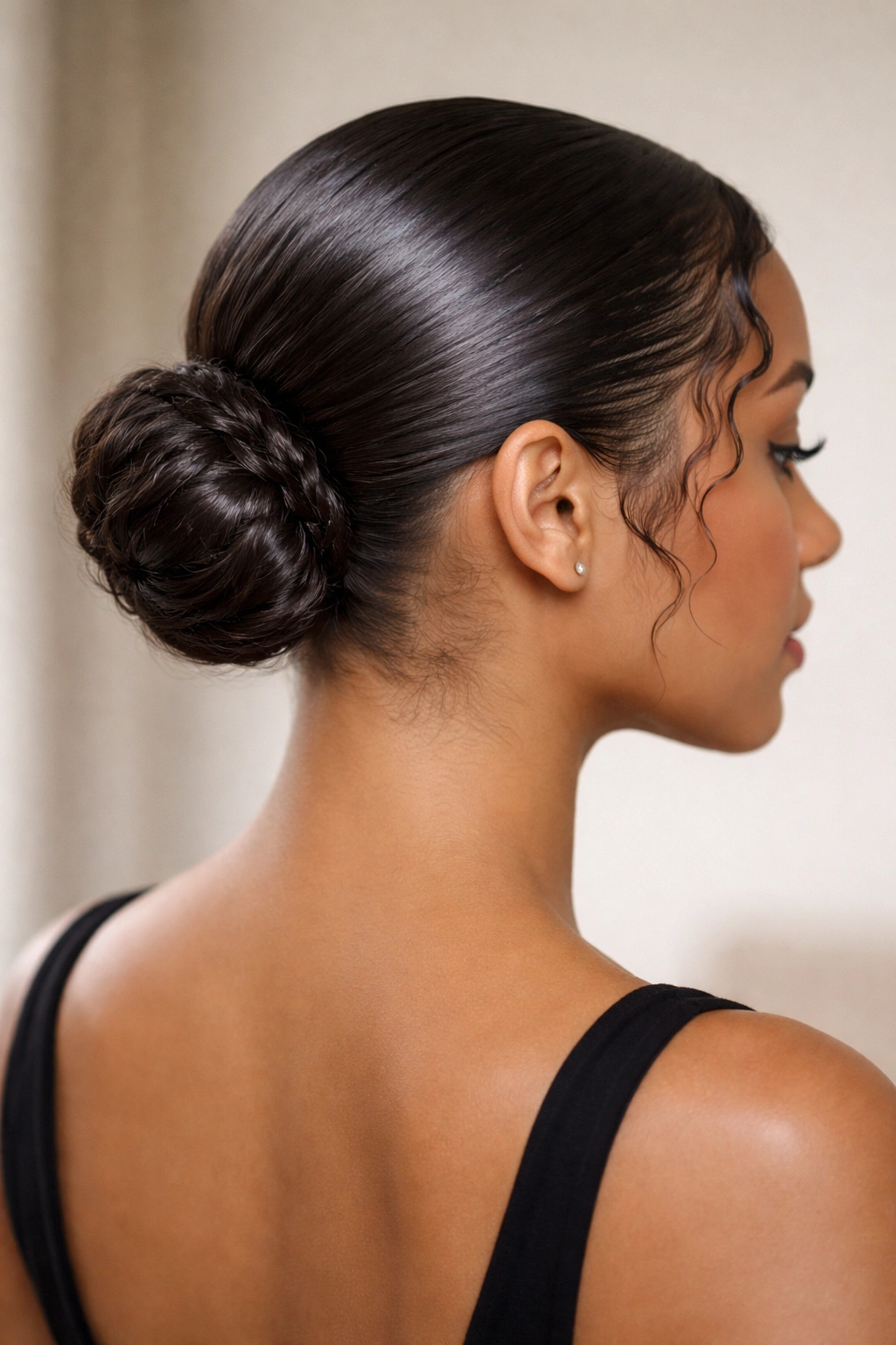 Close-up of curly hair with a sleek, glossy low bun at the nape