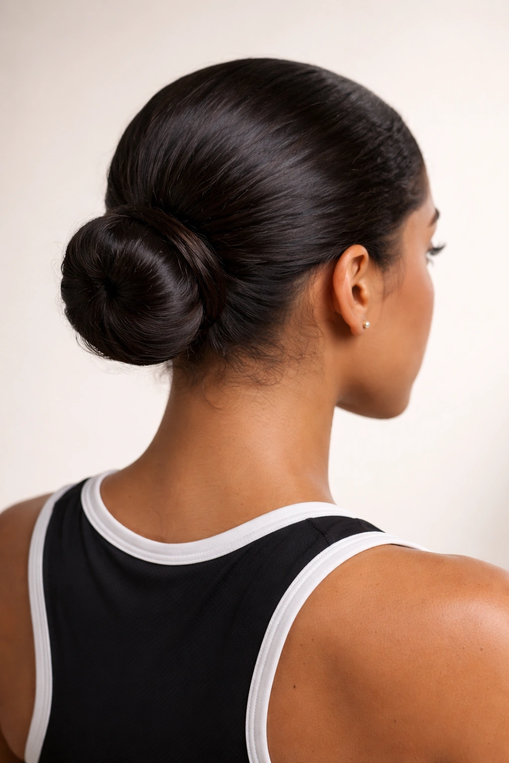 Back view of sleek low bun at the nape with smooth glossy hair