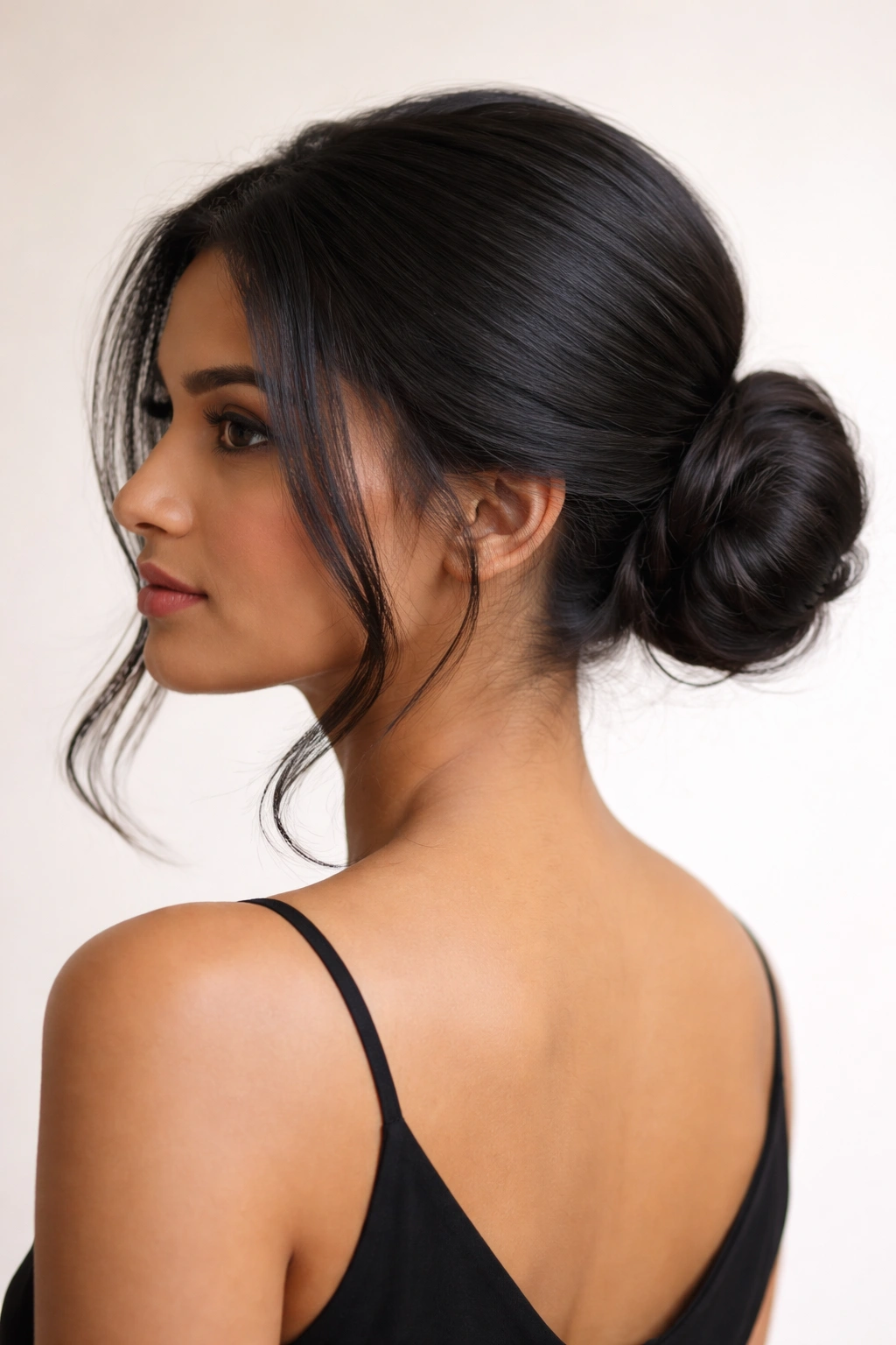 Side-profile of a sleek low bun at the nape with face-framing layers