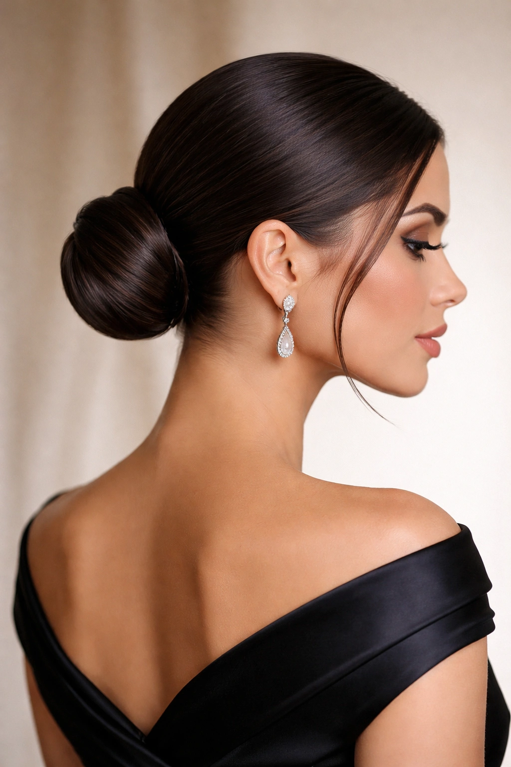 Sleek low bun ponytail at the nape with smooth glossy hair
