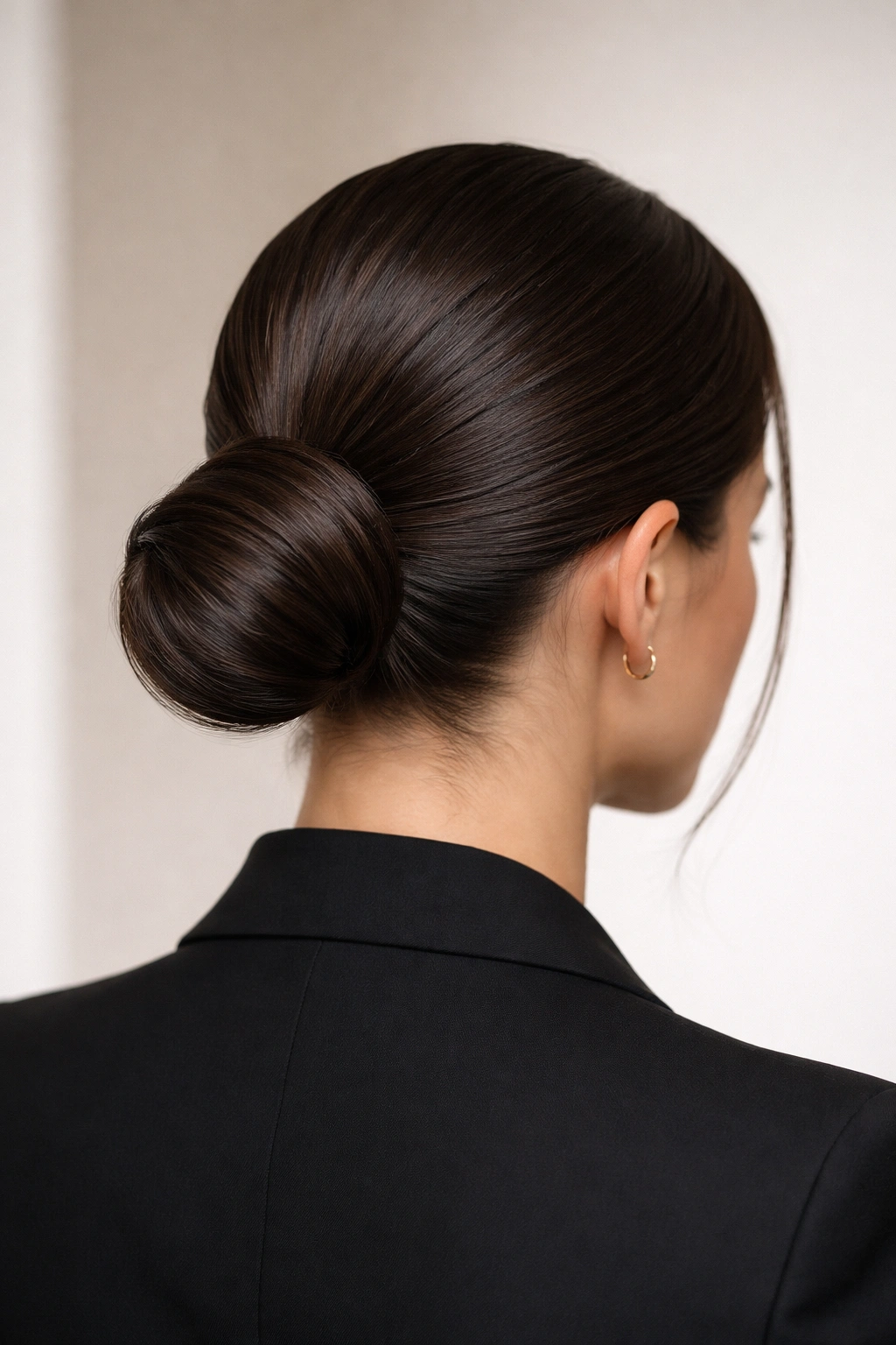 Back view of sleek glossy low bun ponytail at the nape