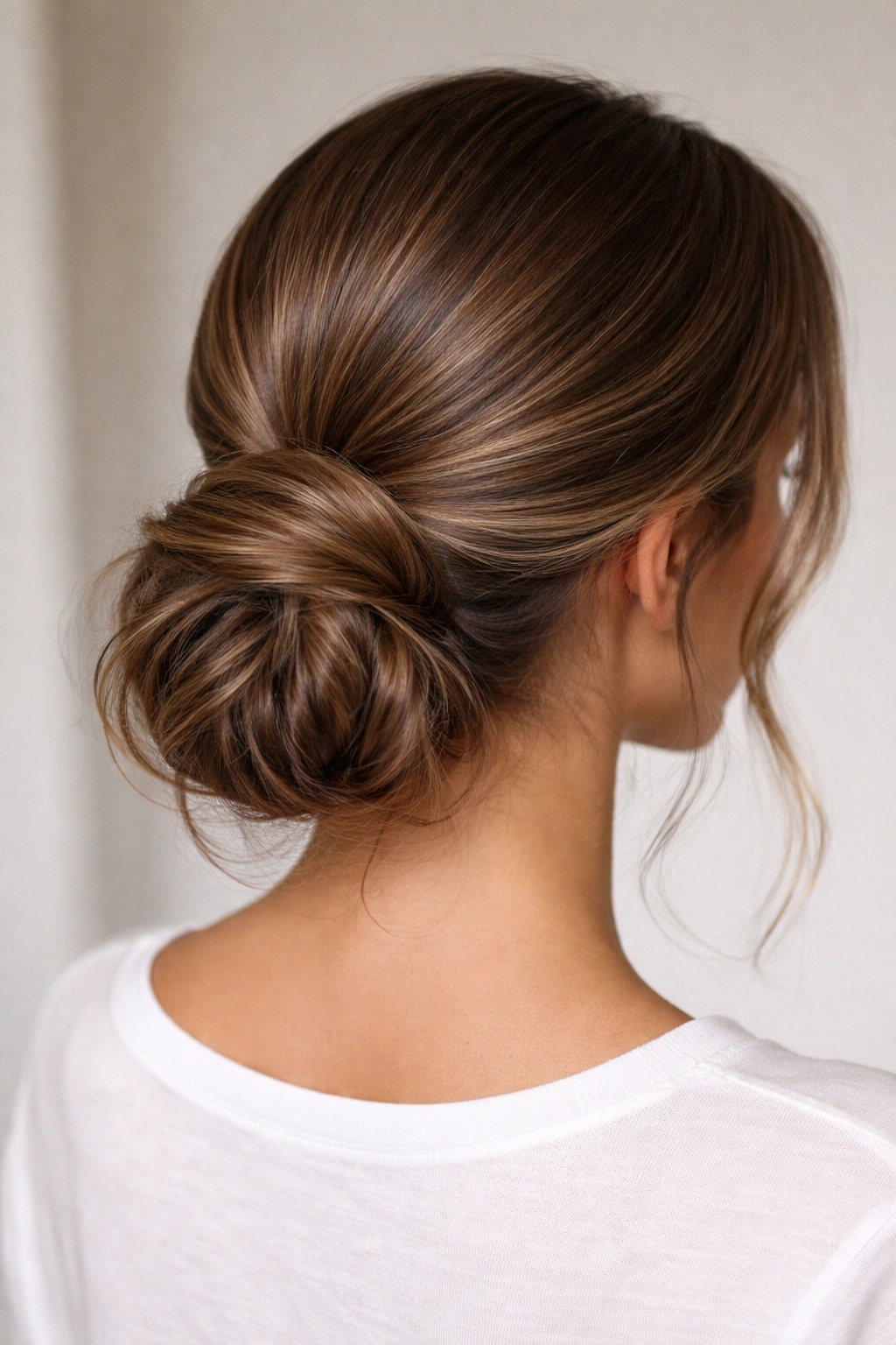 Low bun with smooth top and visible wave texture underneath