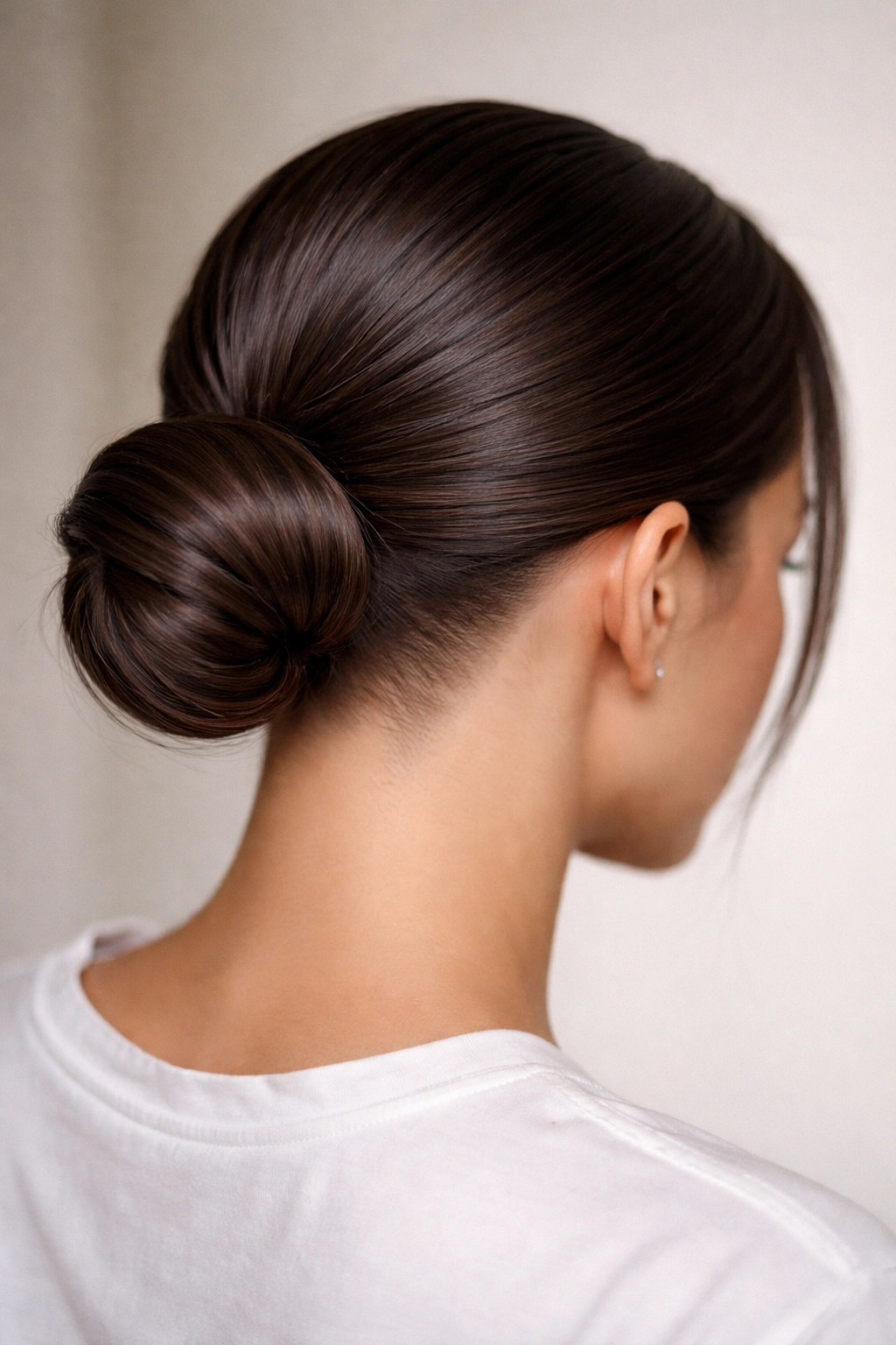 Sleek low bun at the nape with a polished finish and sharp edges