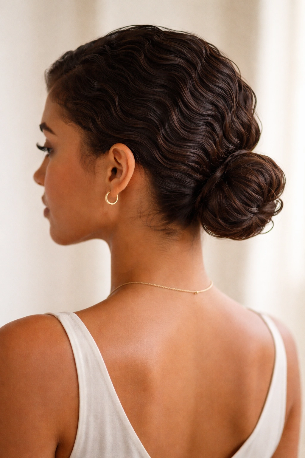Sleek low bun at the nape with defined waves in short curls.