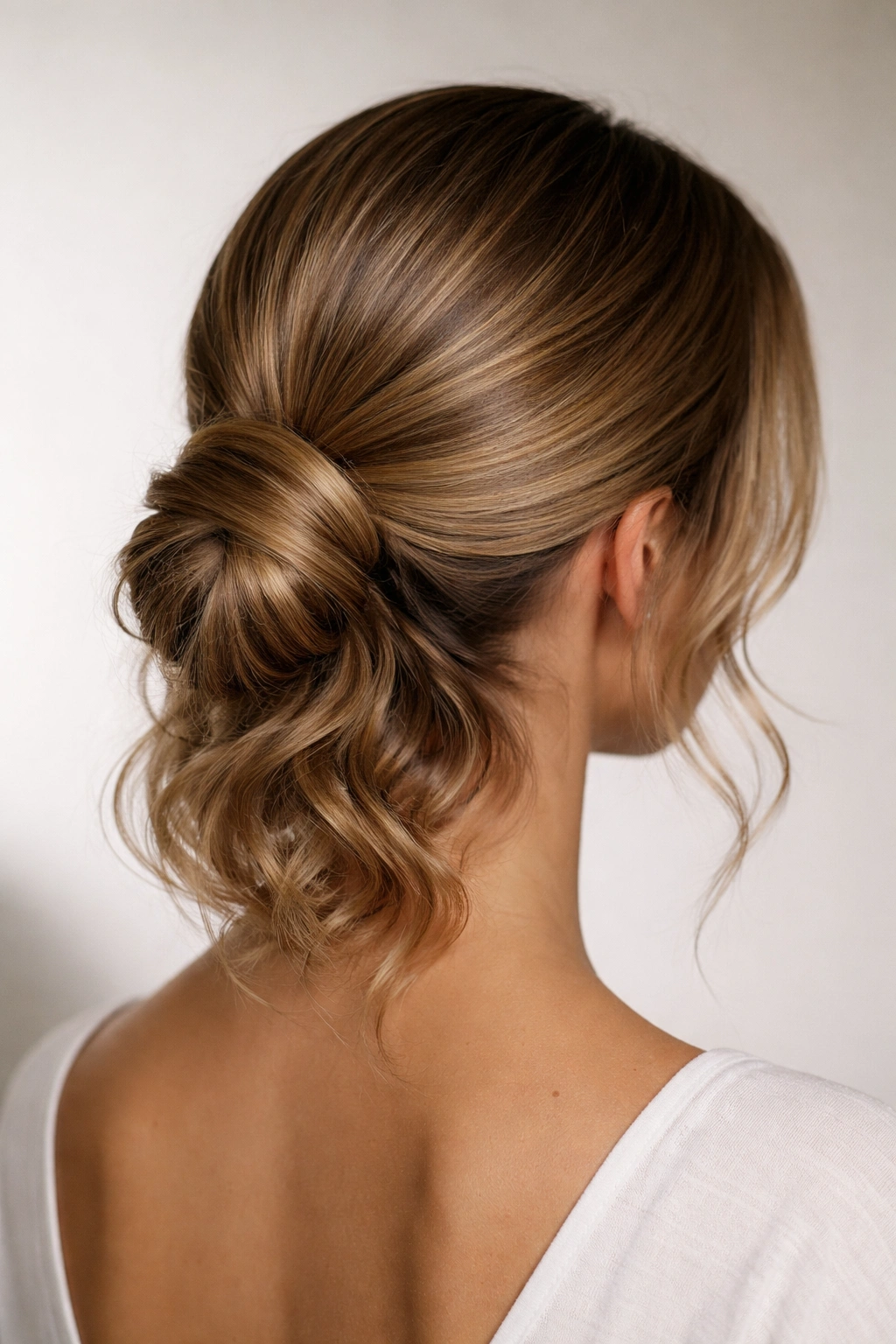 Sleek crown with waves at bottom forming a low bun