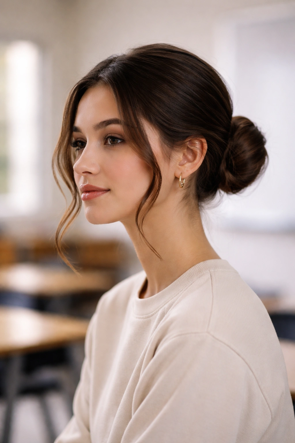 Portrait of a student with a sleek low bun and face-framing waves
