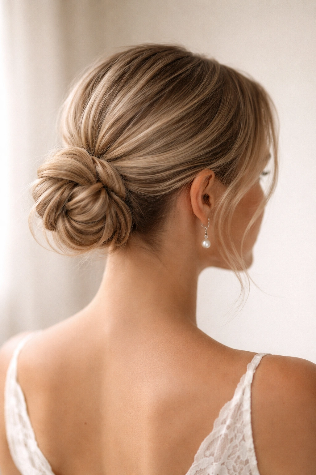 Back view of a sleek low messy bun at the nape with a smooth top and textured knot