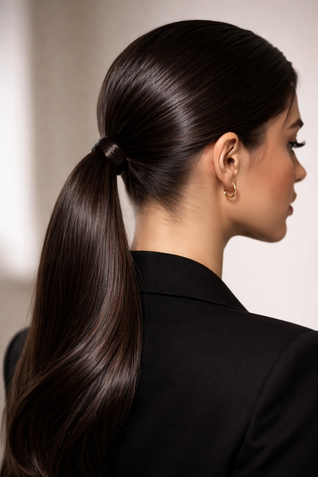 Close-up of a sleek, high-shine low pony at the base of the skull with no flyaways.
