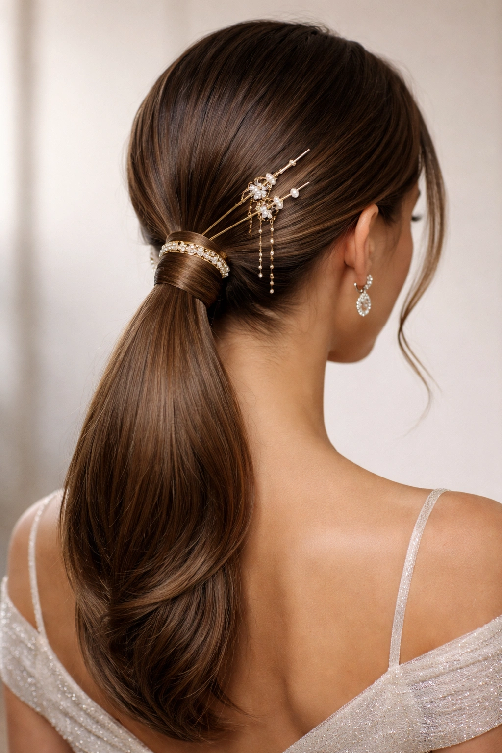 Low sleek ponytail at the nape with hair-wrapped base and delicate accessories