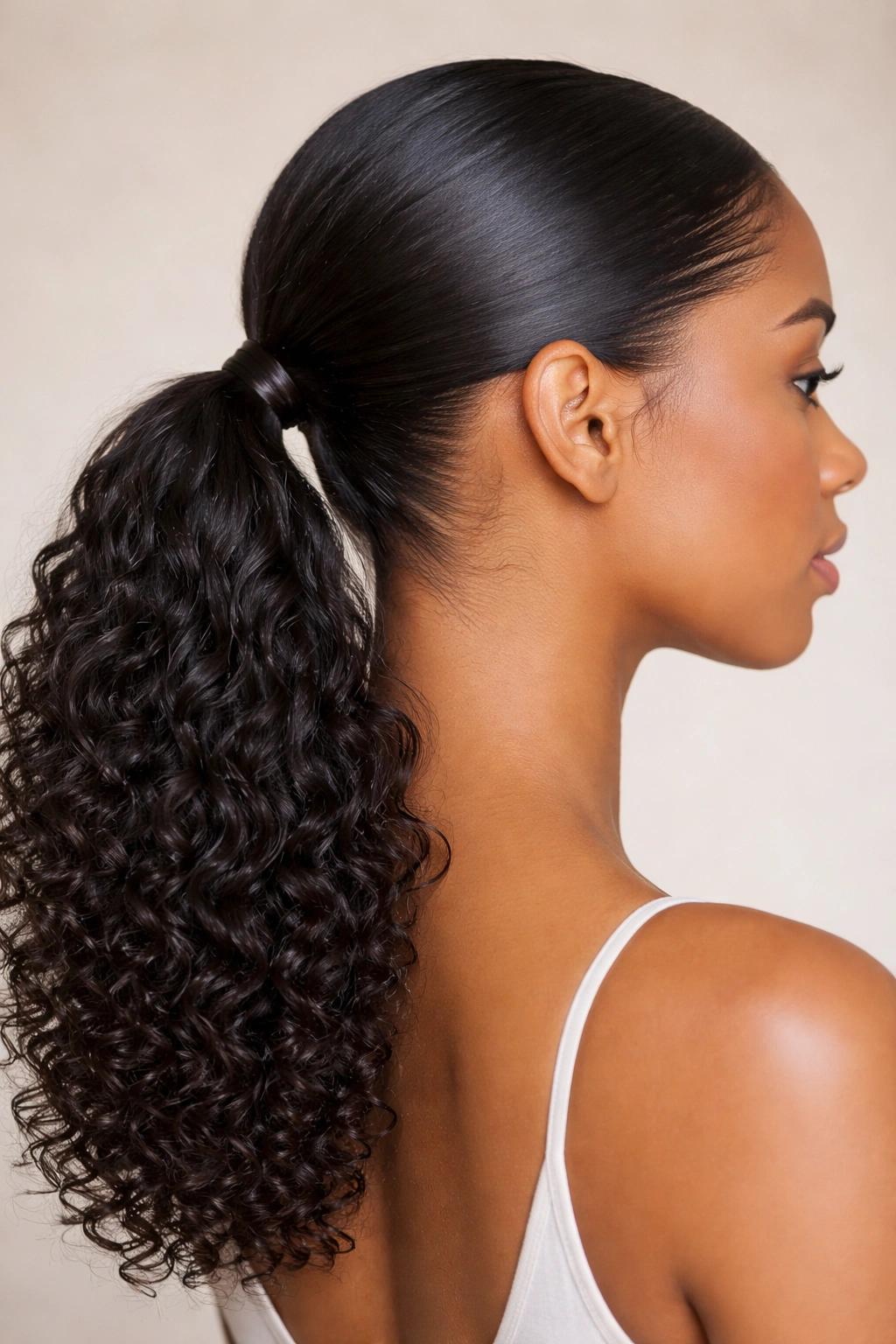 Close-up of a glossy low ponytail at the nape of the neck on curly hair