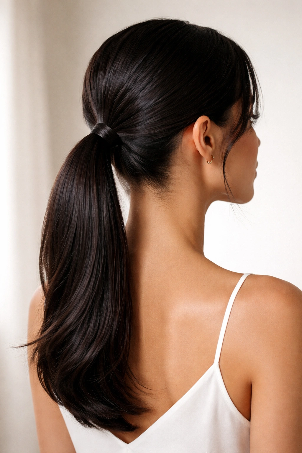 Sleek, glossy mid-height ponytail with a refined, low-mid placement