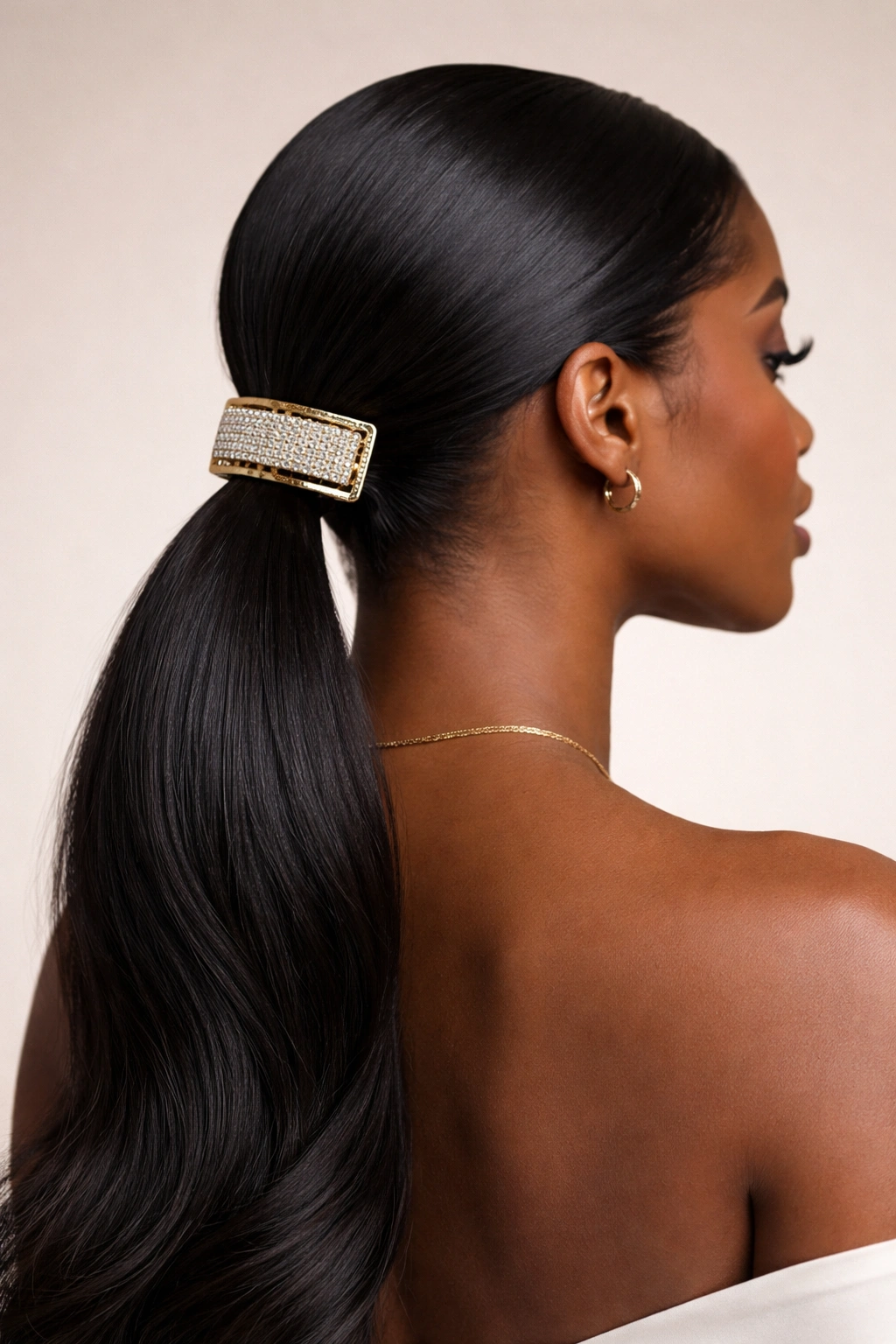 Sleek low ponytail at the nape with a single bold hair accessory