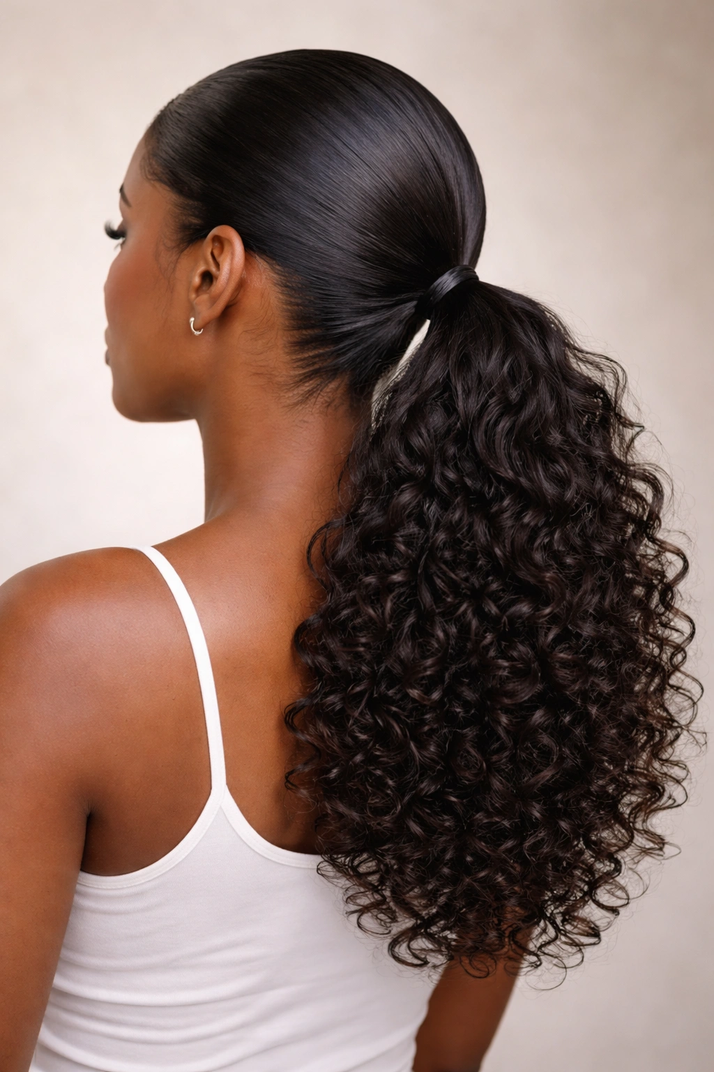 Sleek low ponytail with smooth crown and textured curl ends