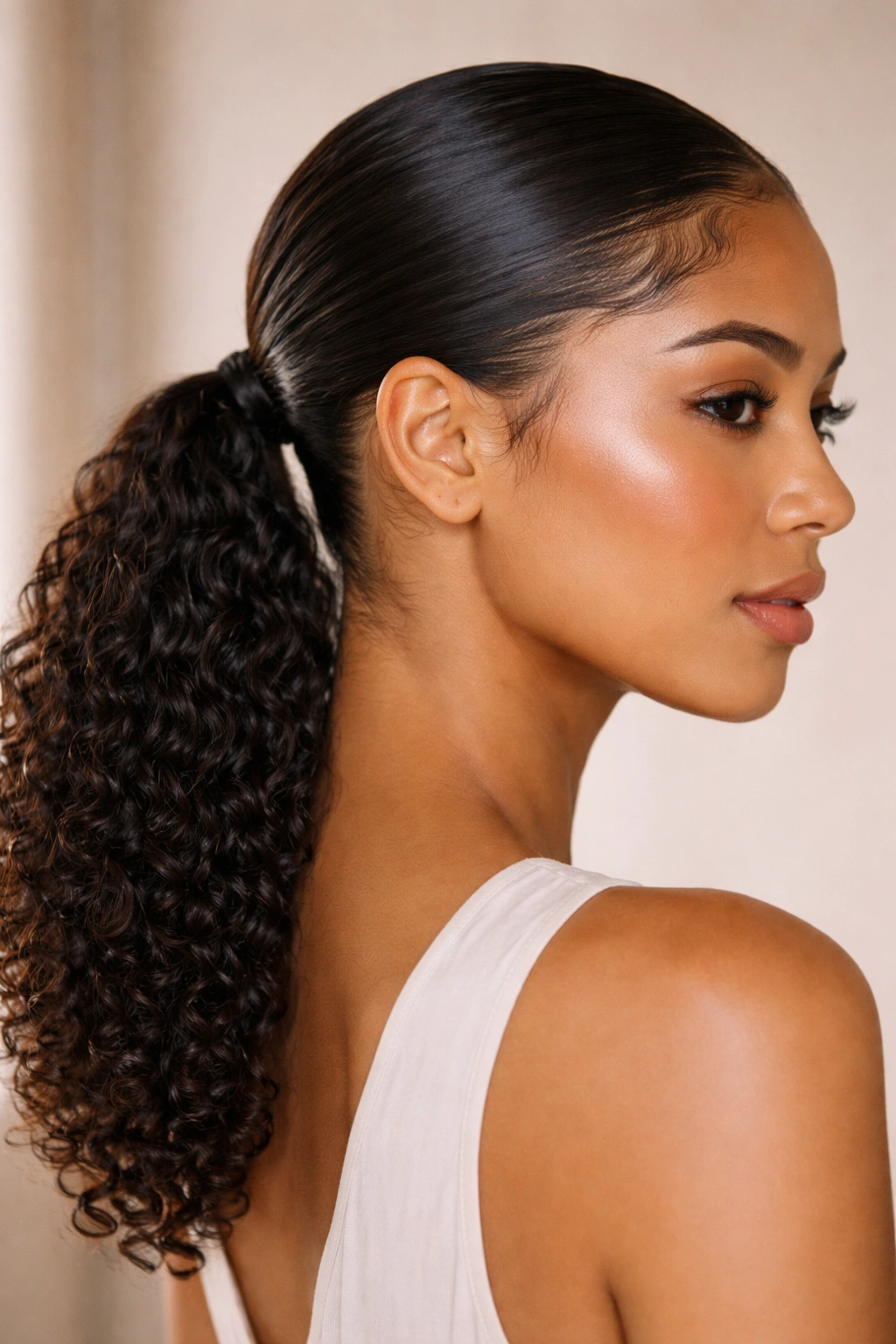 Close-up of a person with a sleek low ponytail at the nape highlighting glossy finish and defined curls
