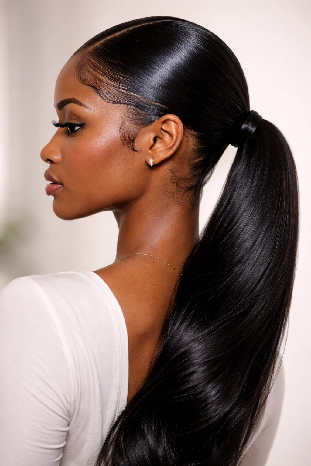 Sleek glossy low ponytail with smooth edges in a neutral studio setting.