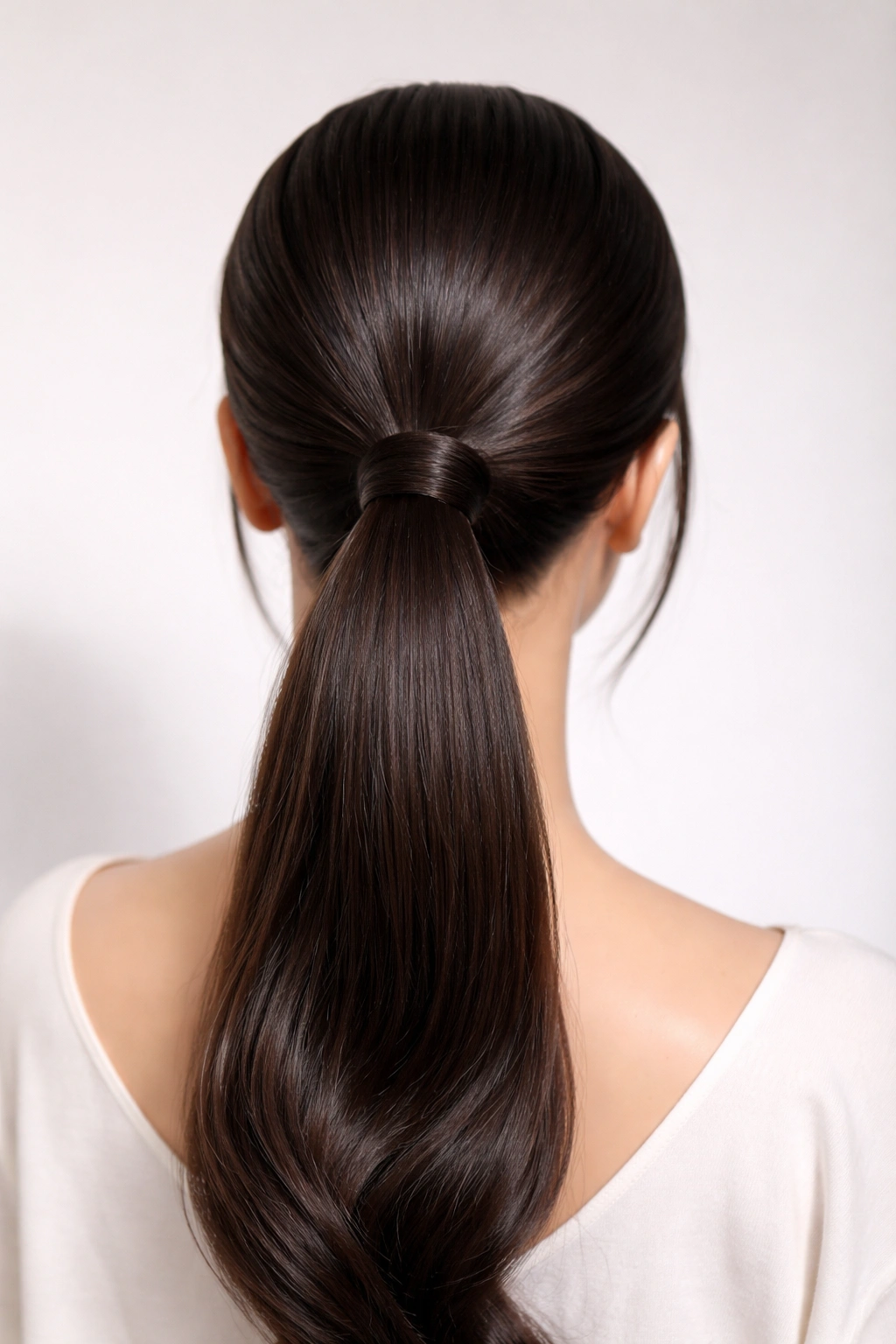 Sleek low ponytail at nape with glossy finish on mannequin head