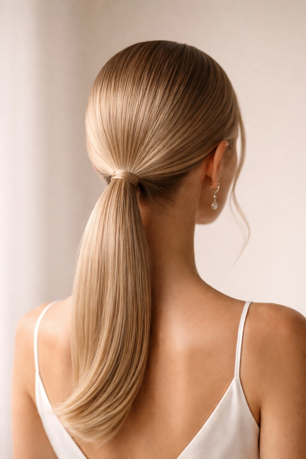 Back view of a sleek low ponytail at the nape