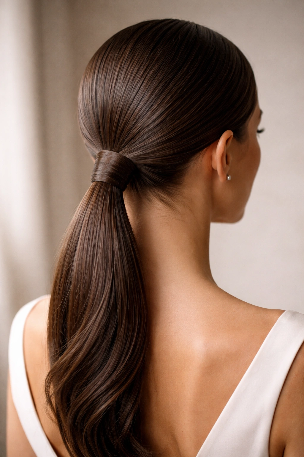 Back view of a sleek low ponytail with a wrap for formal elegance