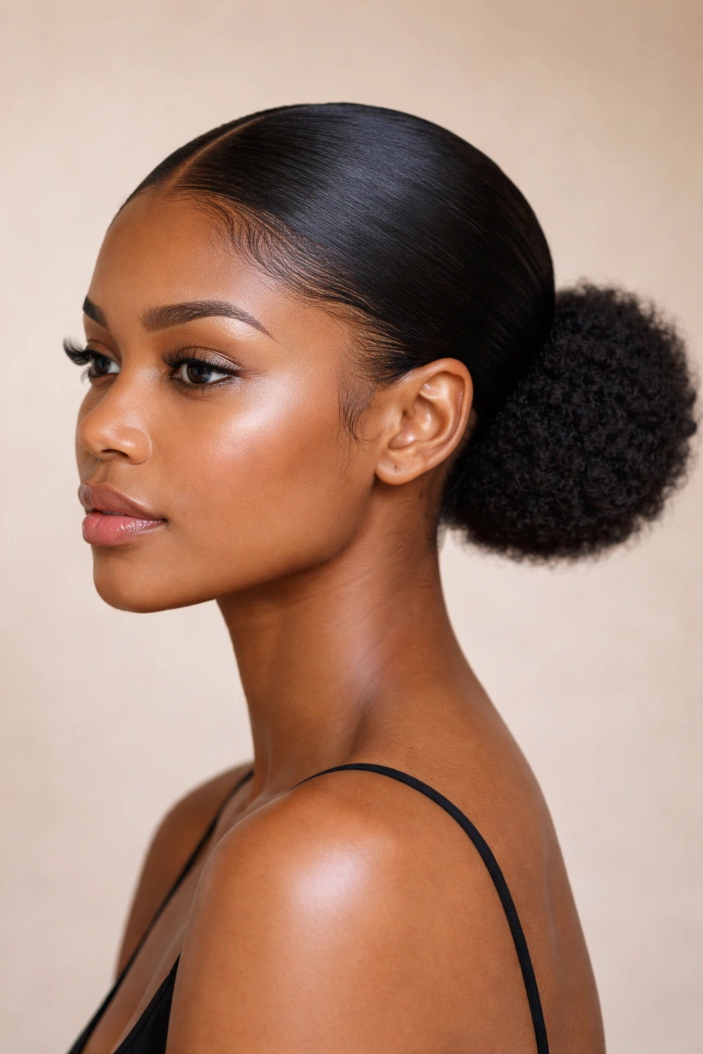 Close-up of sleek, low-positioned glossy Afro puffs at the nape