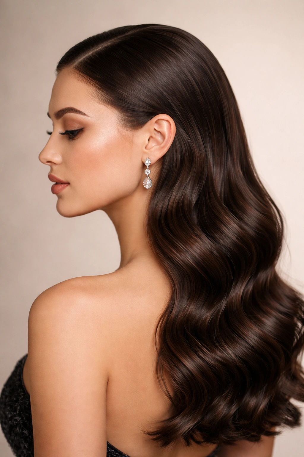 Profile view of sleek low waves with smooth crown and ear-level waves