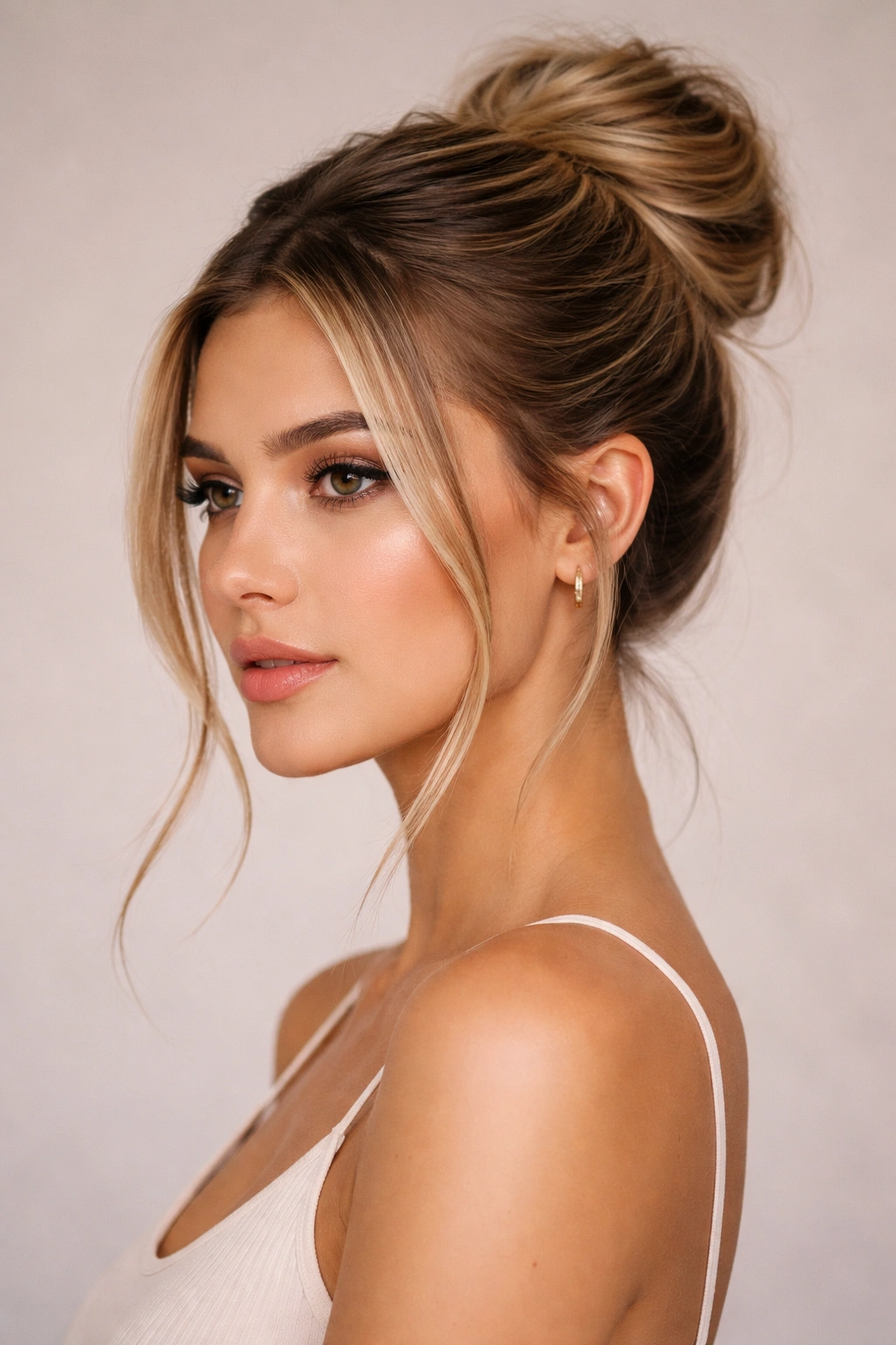 Sleek messy bun with face-framing layers and smooth front pieces