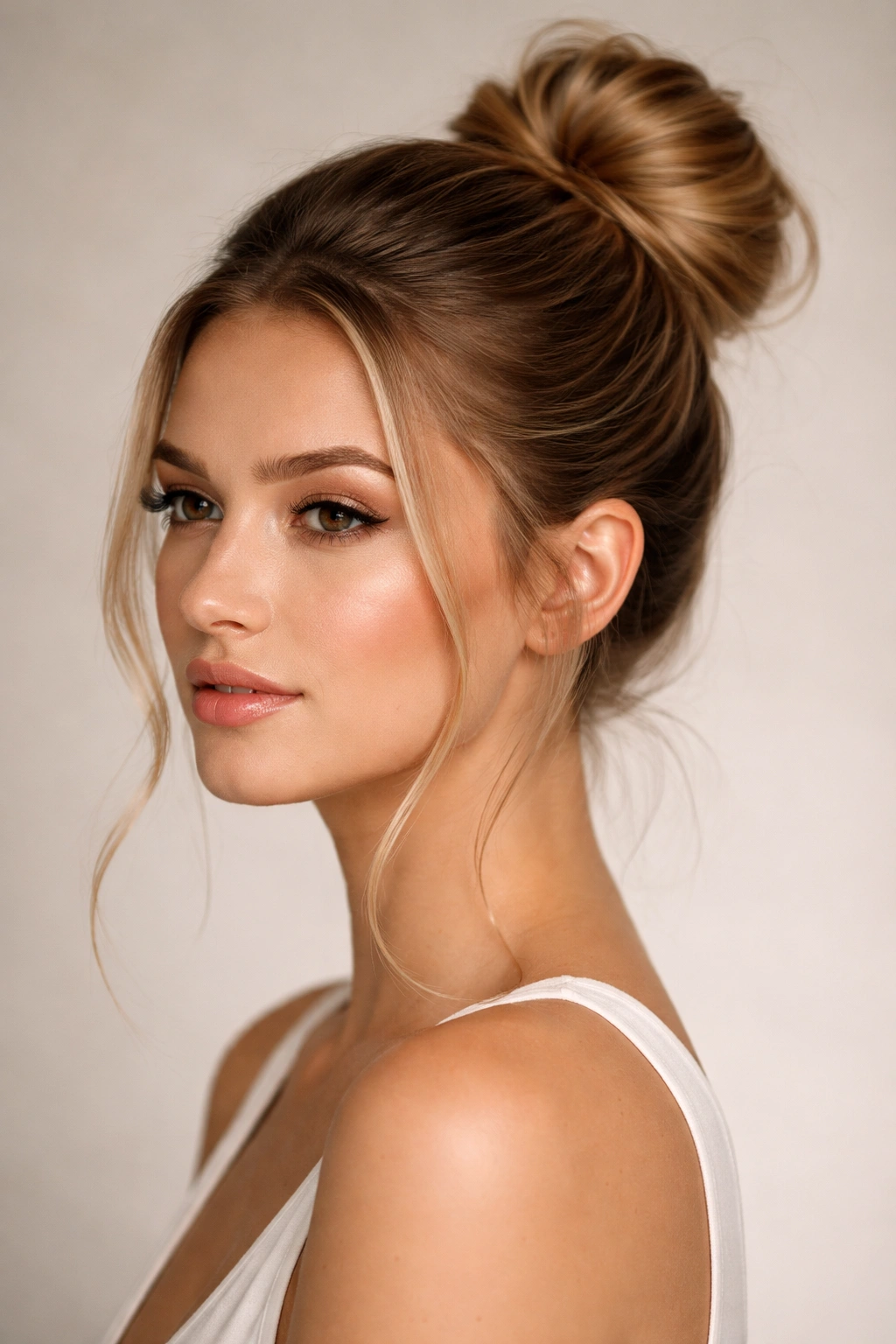 Sleek messy bun with polished base and face-framing pieces.