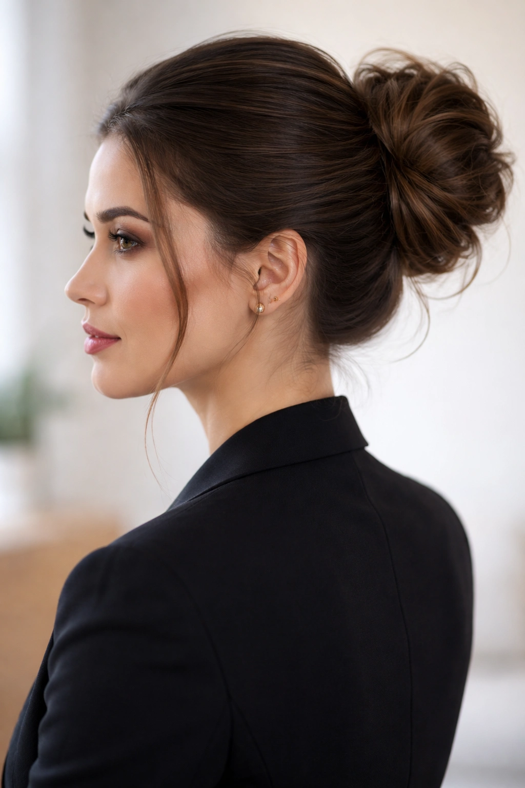 Close-up of a sleek-to-messy bun showing a smooth base with a textured bun