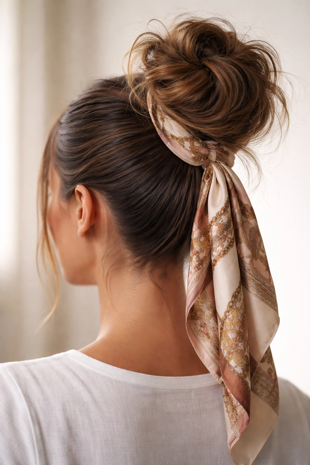 Sleek low ponytail with scarf at base and a textured messy bun on top