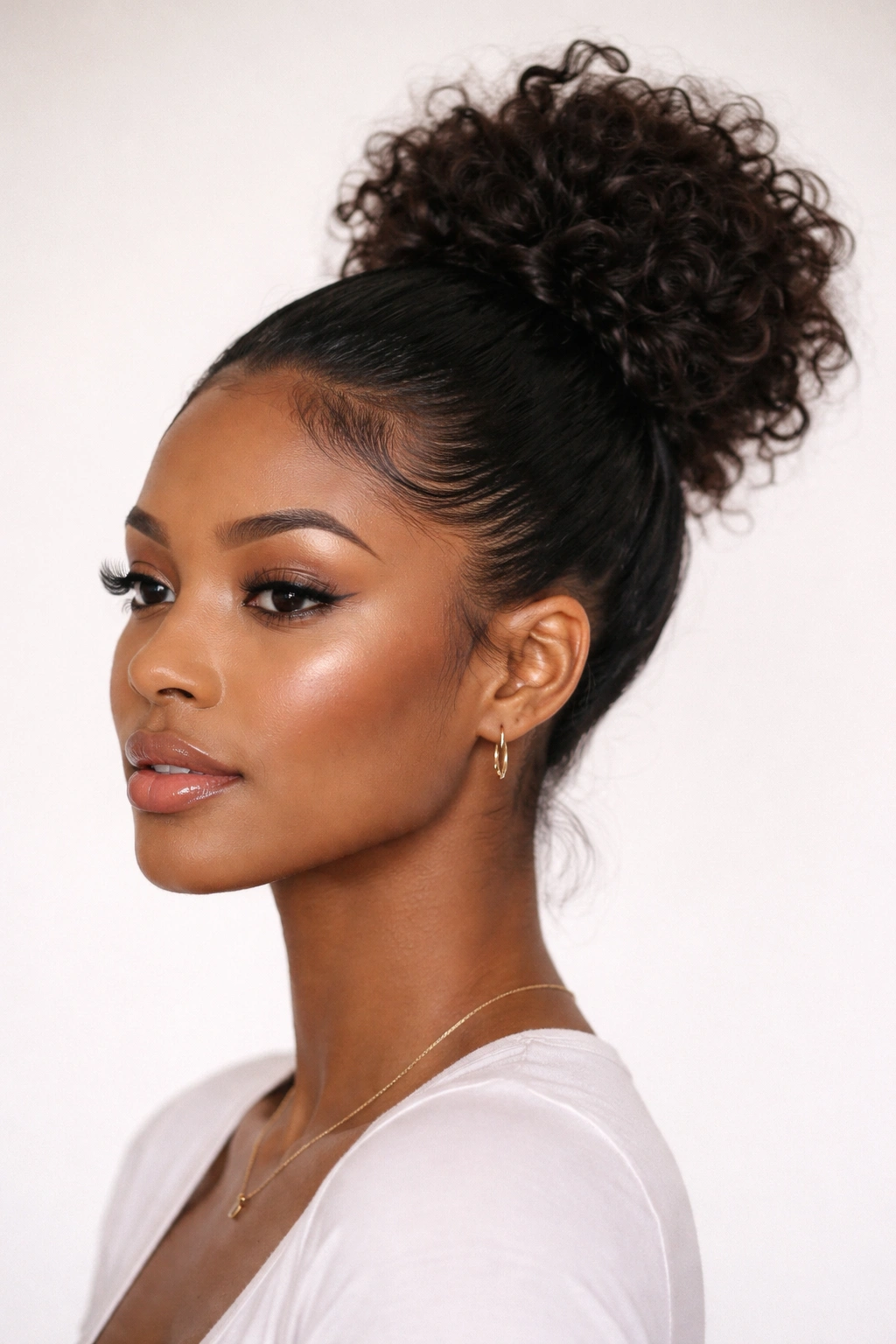 Portrait of a sleek-to-messy hybrid bun with smooth front and voluminous top