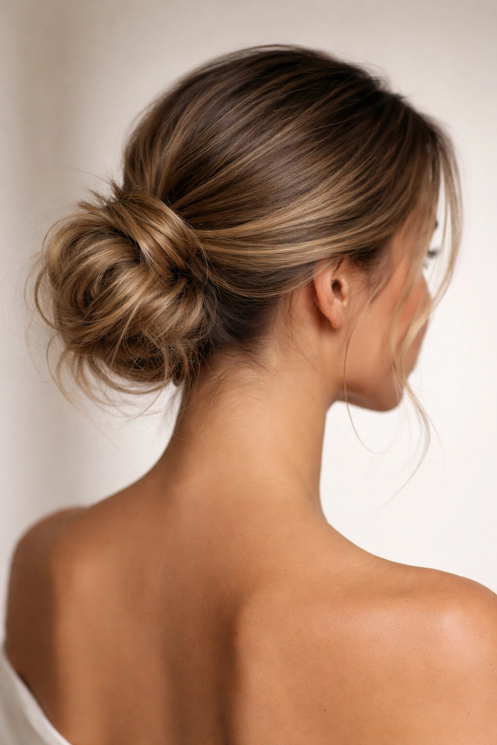 Sleek to messy hybrid bun with smooth top and textured bottom