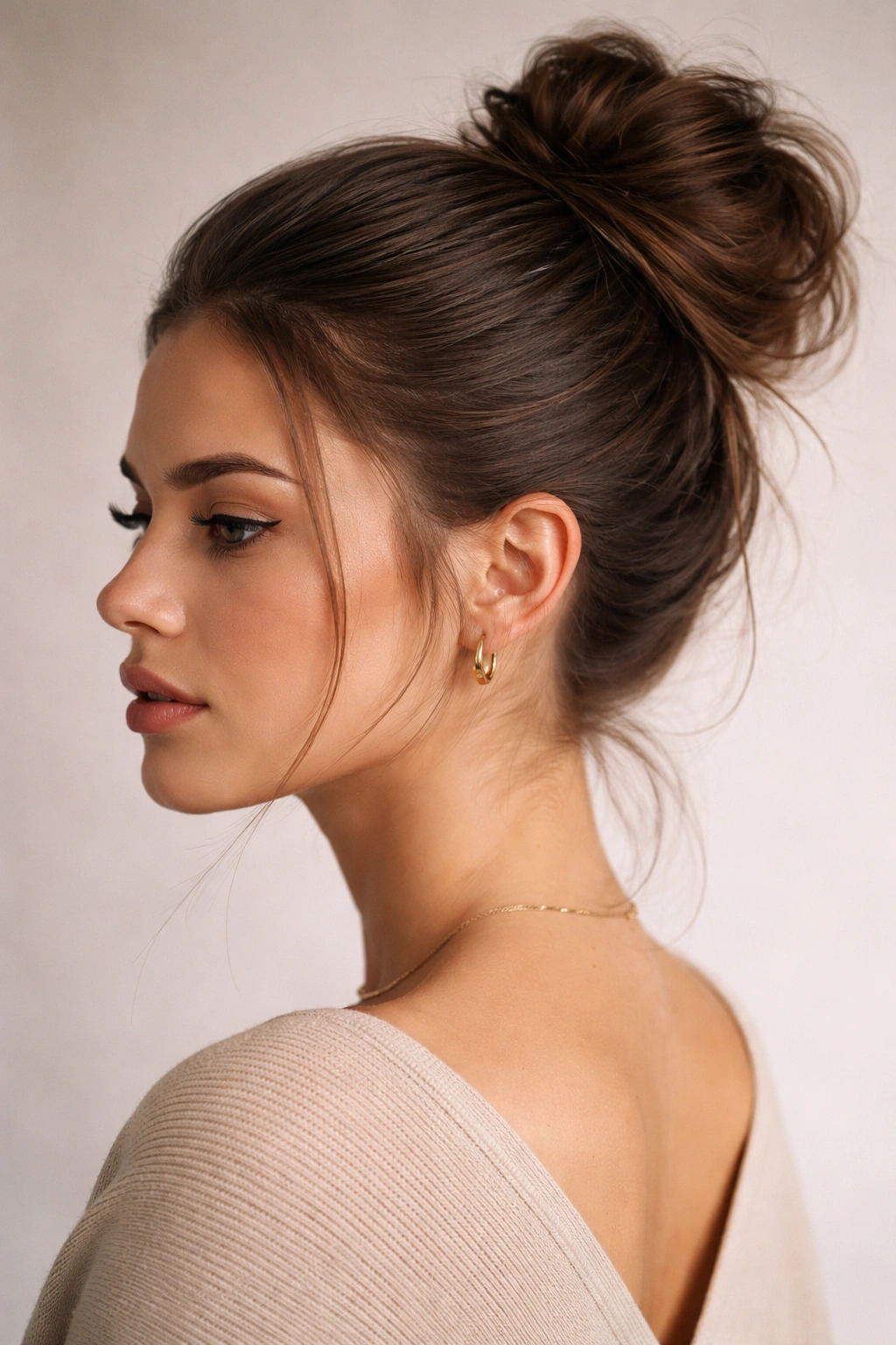 Close-up of a model's head showing a sleek front and messy crown bun with textured back.