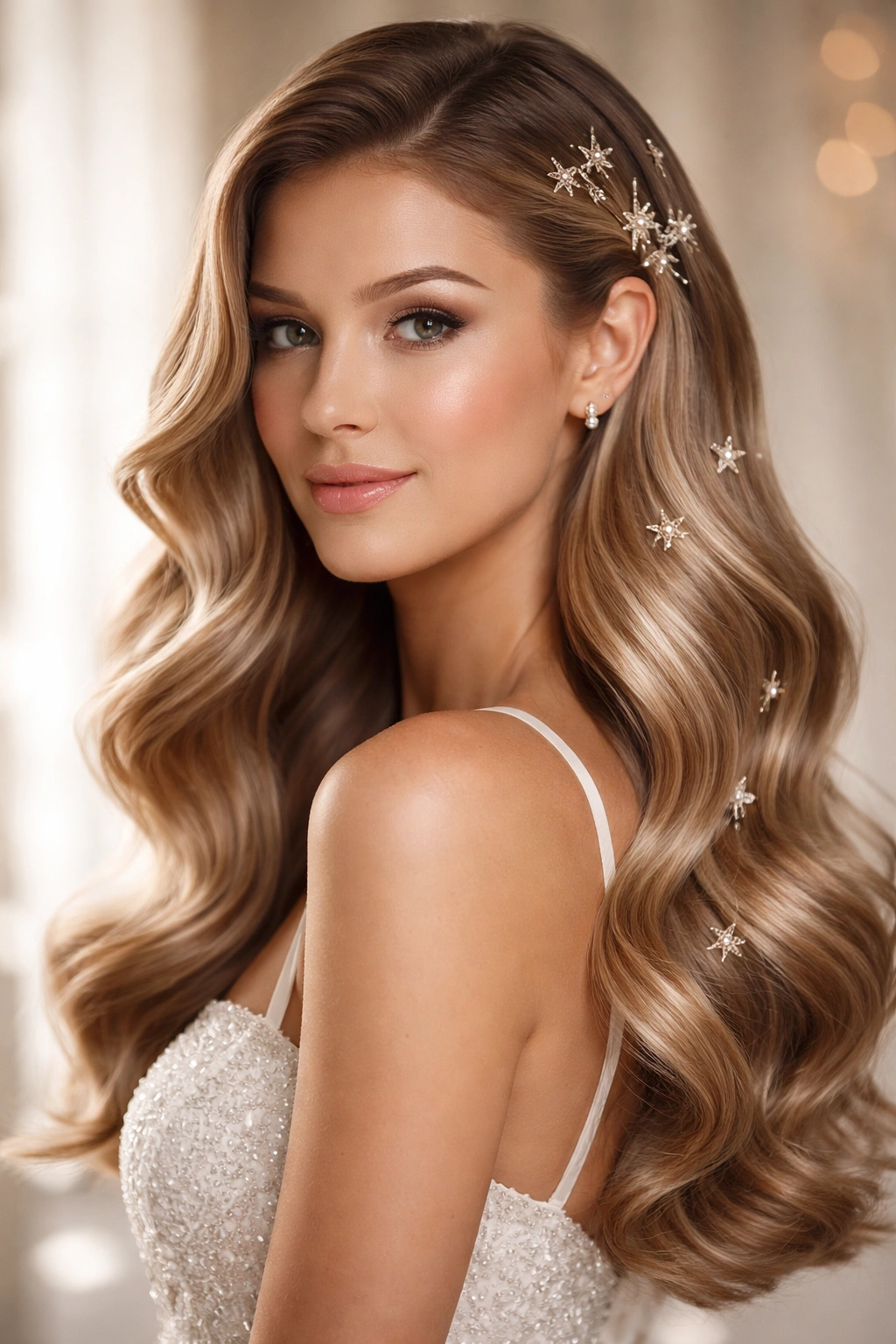 Sleek, polished waves with metallic hair accessories.