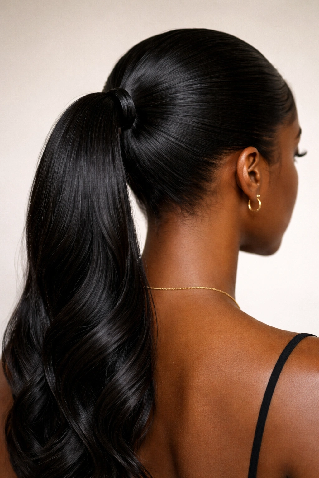 Sleek mid-height ponytail with smooth hairline and crown shine