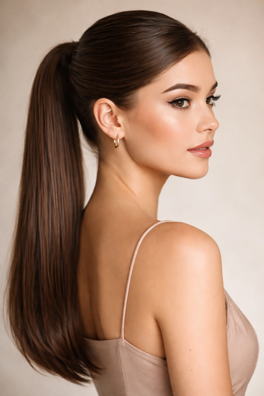 Model with a sleek mid-length ponytail and glossy straight hair in a studio portrait