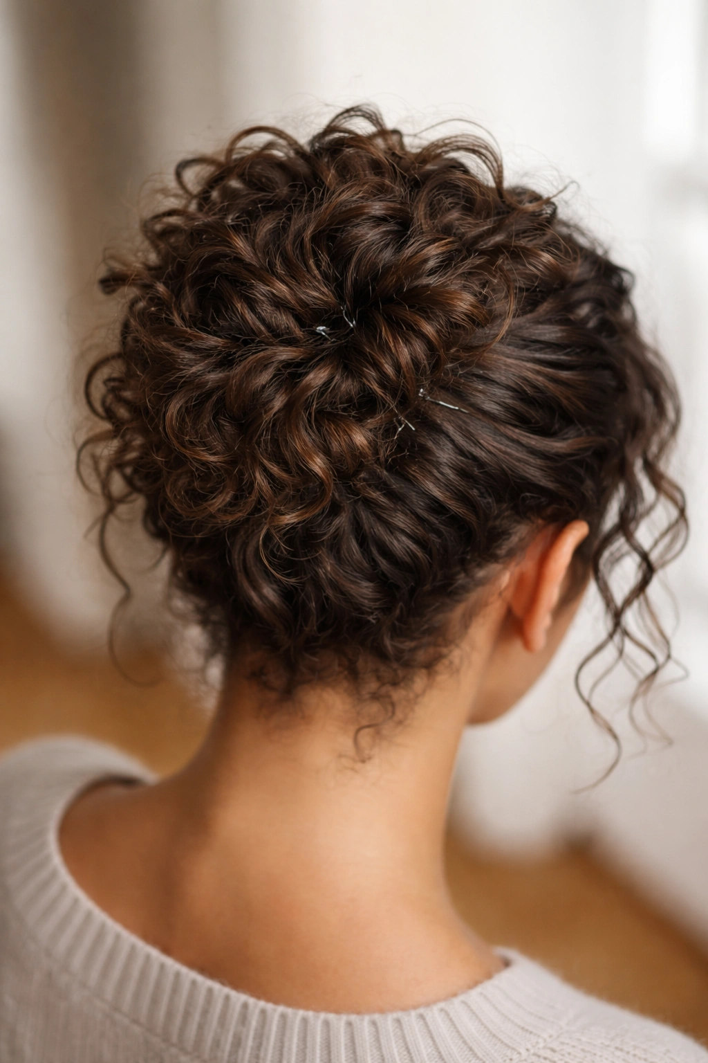 Top-down view of a sleek pinned cluster on short curly hair