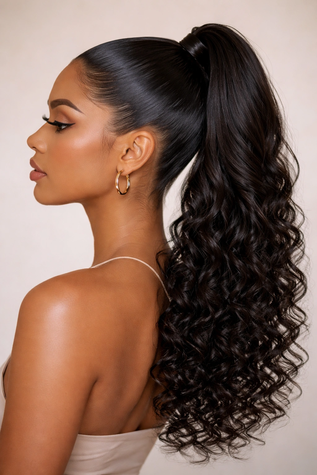 Side view of a curly-haired person in a sleek high-shine ponytail