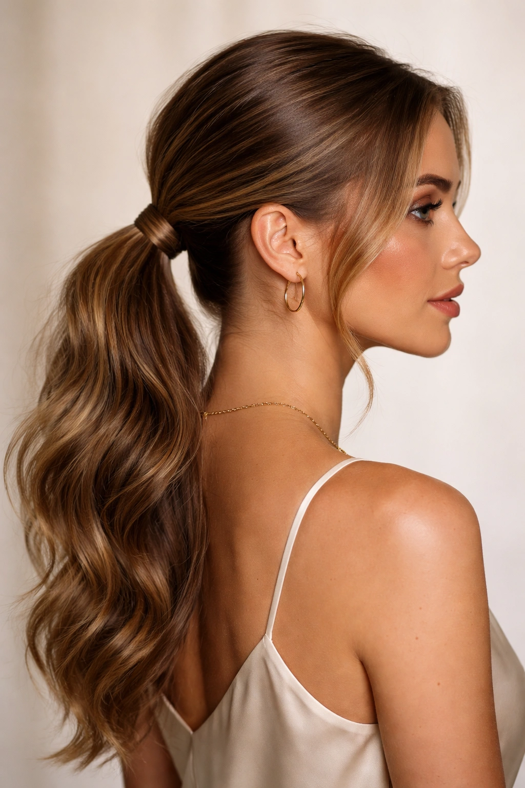 Sleek low pony with smooth crown and subtle texture in the ponytail