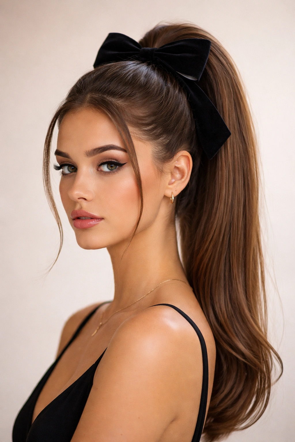 Close-up of sleek high ponytail with bow and face-framing wisps