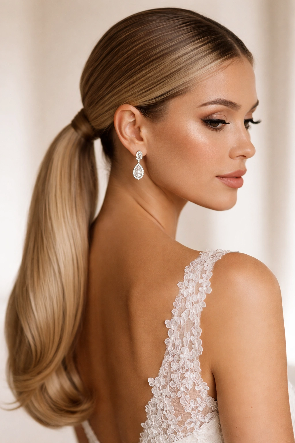 Close-up of a bridal sleek low ponytail with a glossy straight tail at the nape