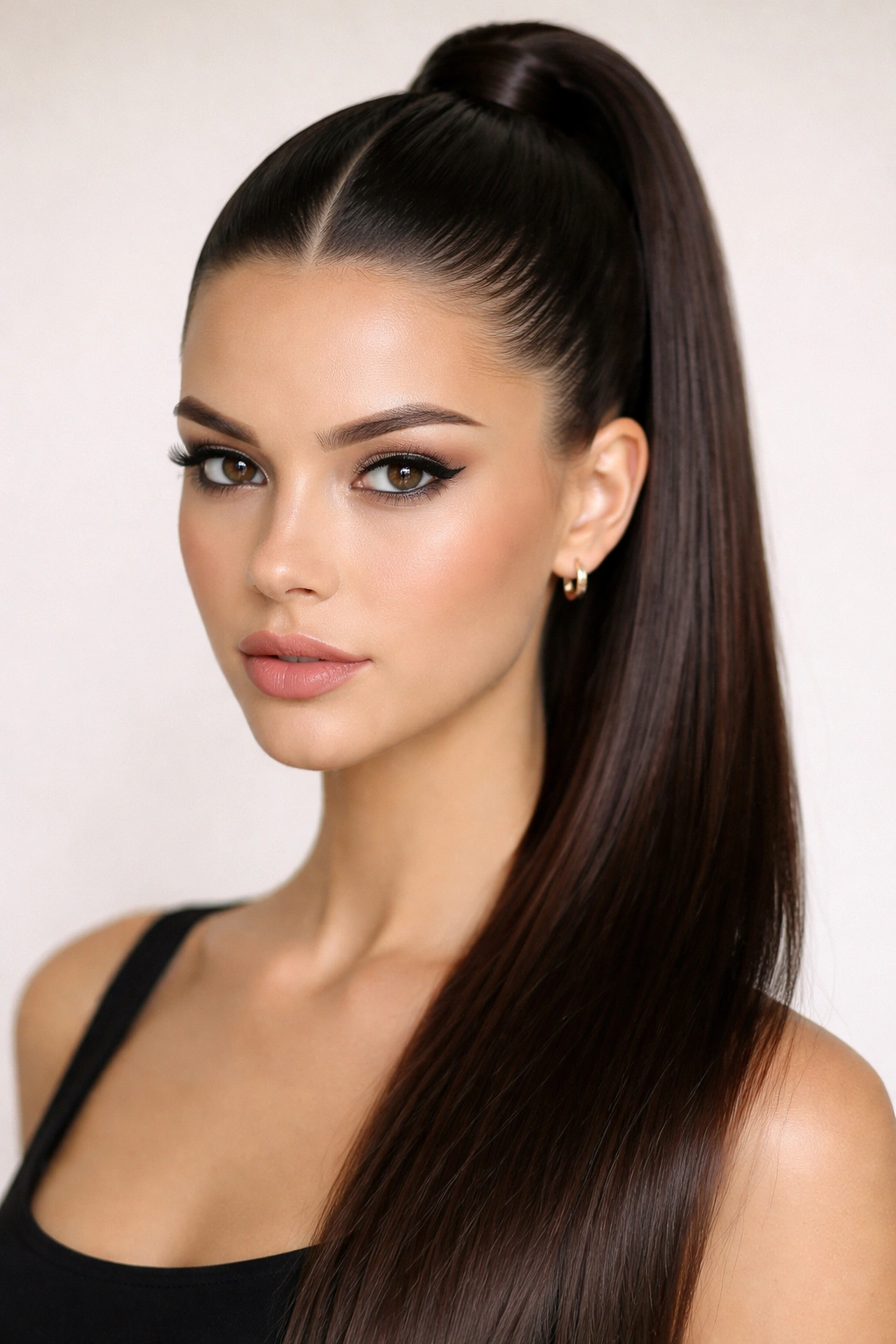 Close-up of a sleek high ponytail with a centered part on smooth, glossy hair