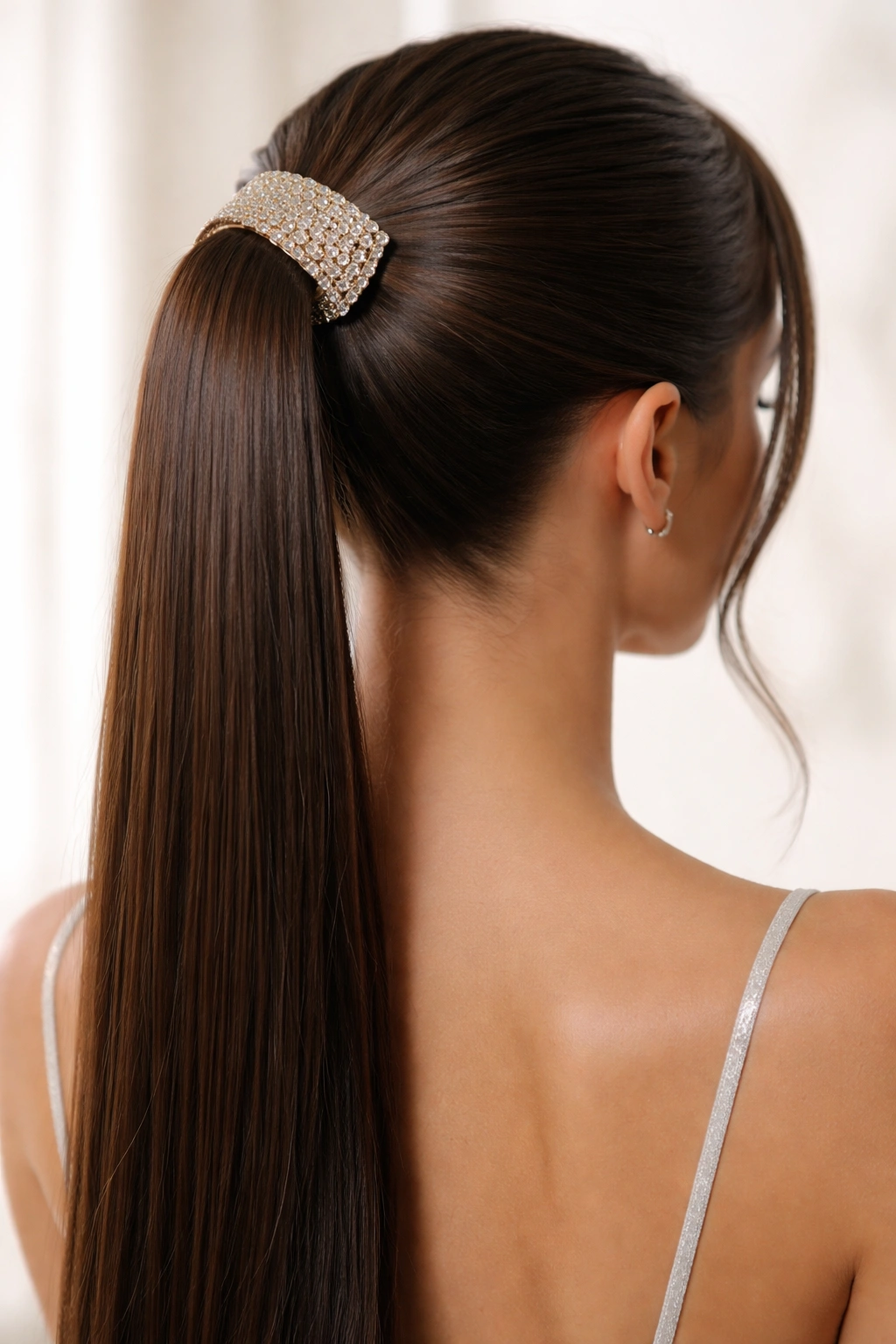 Close-up of sleek straight ponytail with a bold statement clip at the base