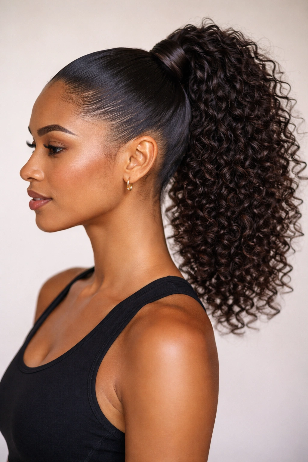 Close-up of a curly-haired person with a sleek high ponytail and smooth base.