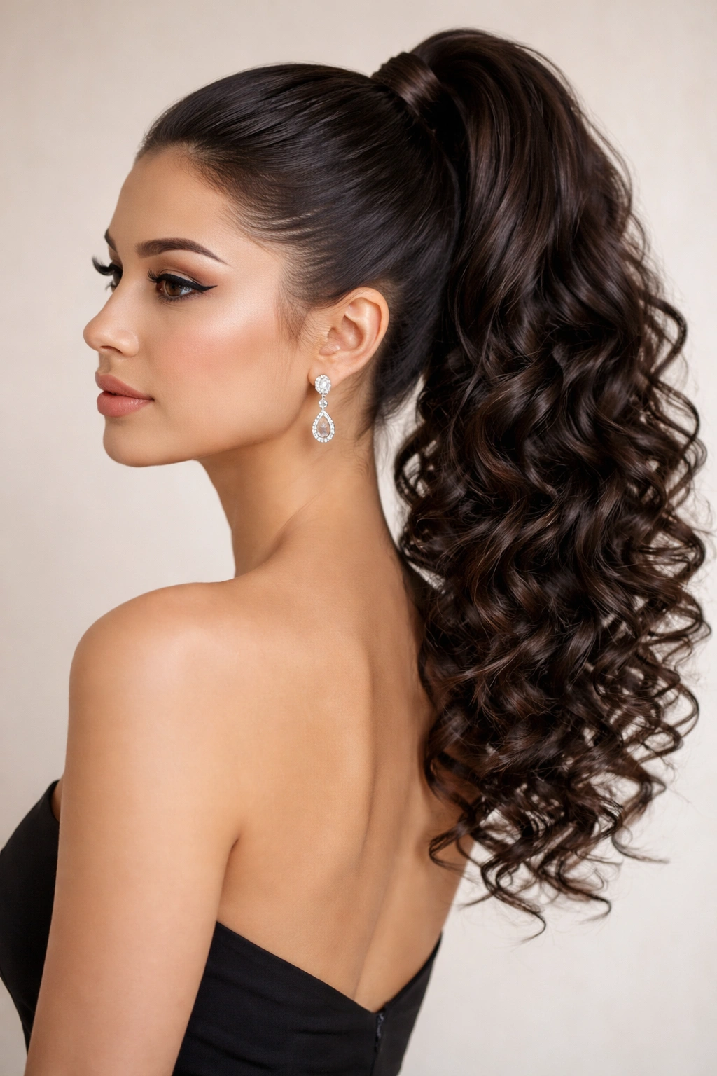 Sleek high ponytail with defined curls throughout the length