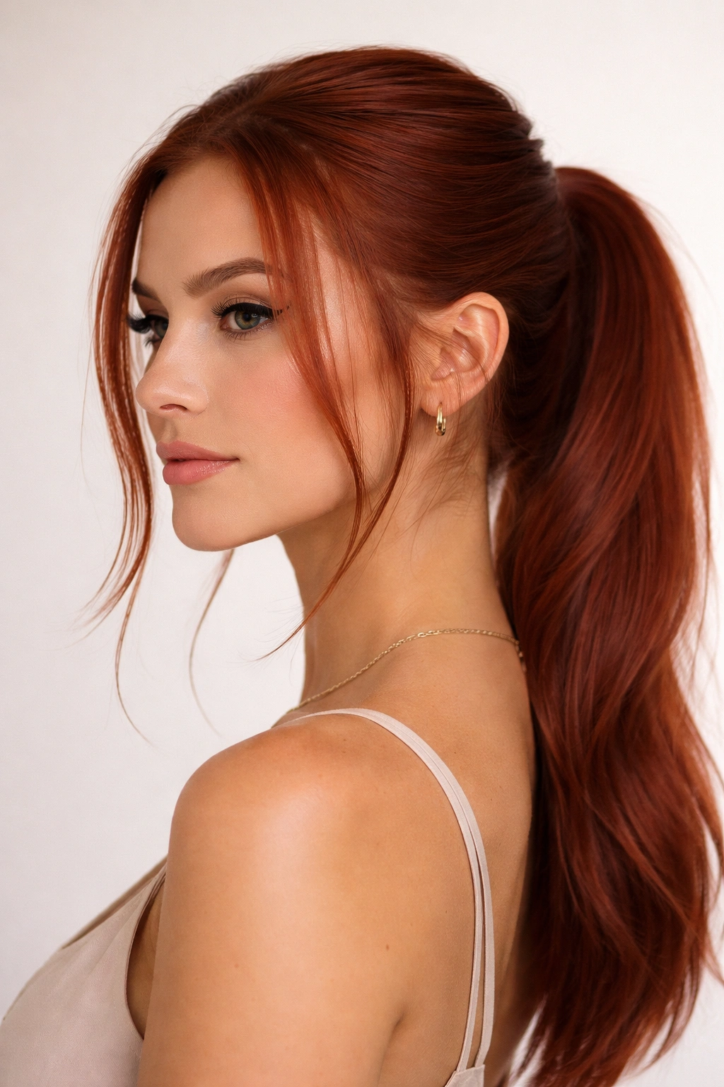 Sleek low ponytail with face-framing pieces framing the face