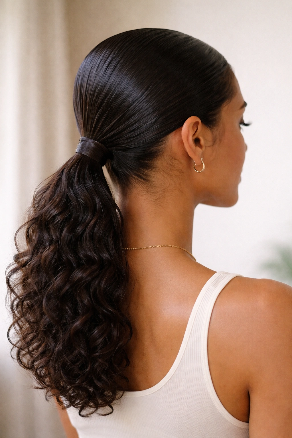 Sleek low ponytail viewed from behind with gel shine