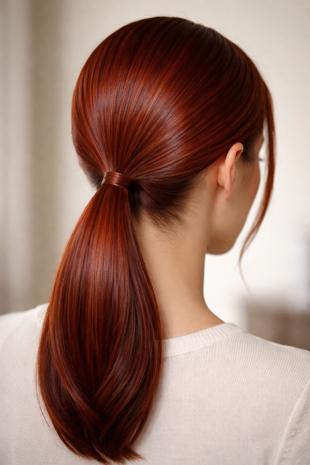 Back of head close-up with a sleek low ponytail at the nape