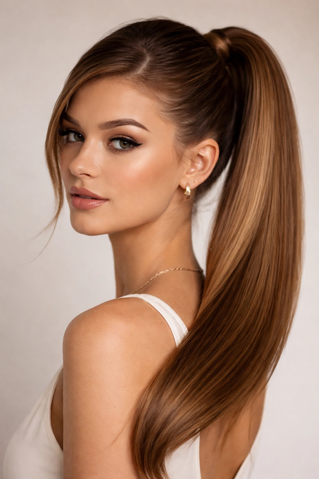 Close-up of a model's head with a sleek high side ponytail positioned at the crown on one side.