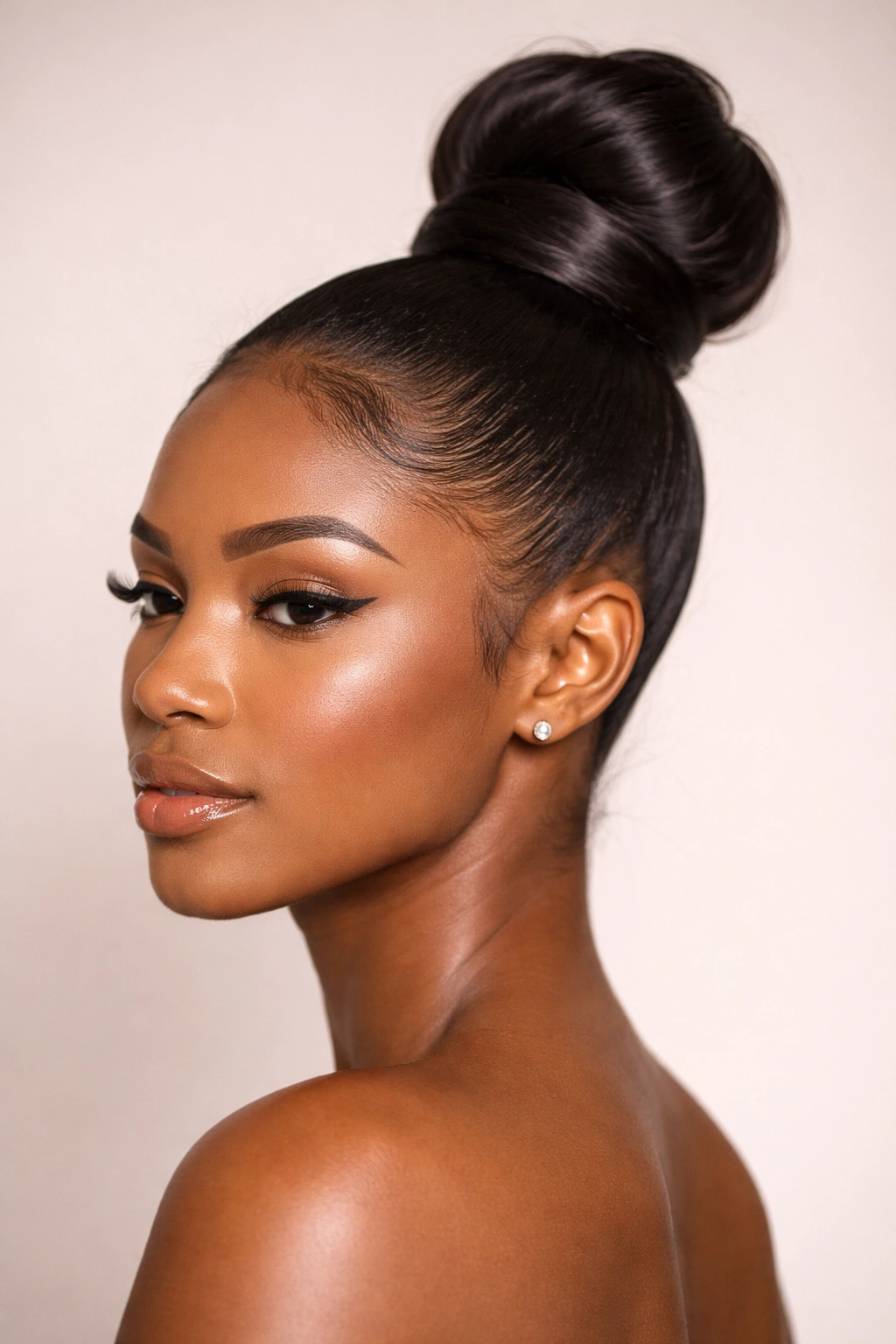 Close-up of a sleek high bun ponytail on Black hair with glossy finish