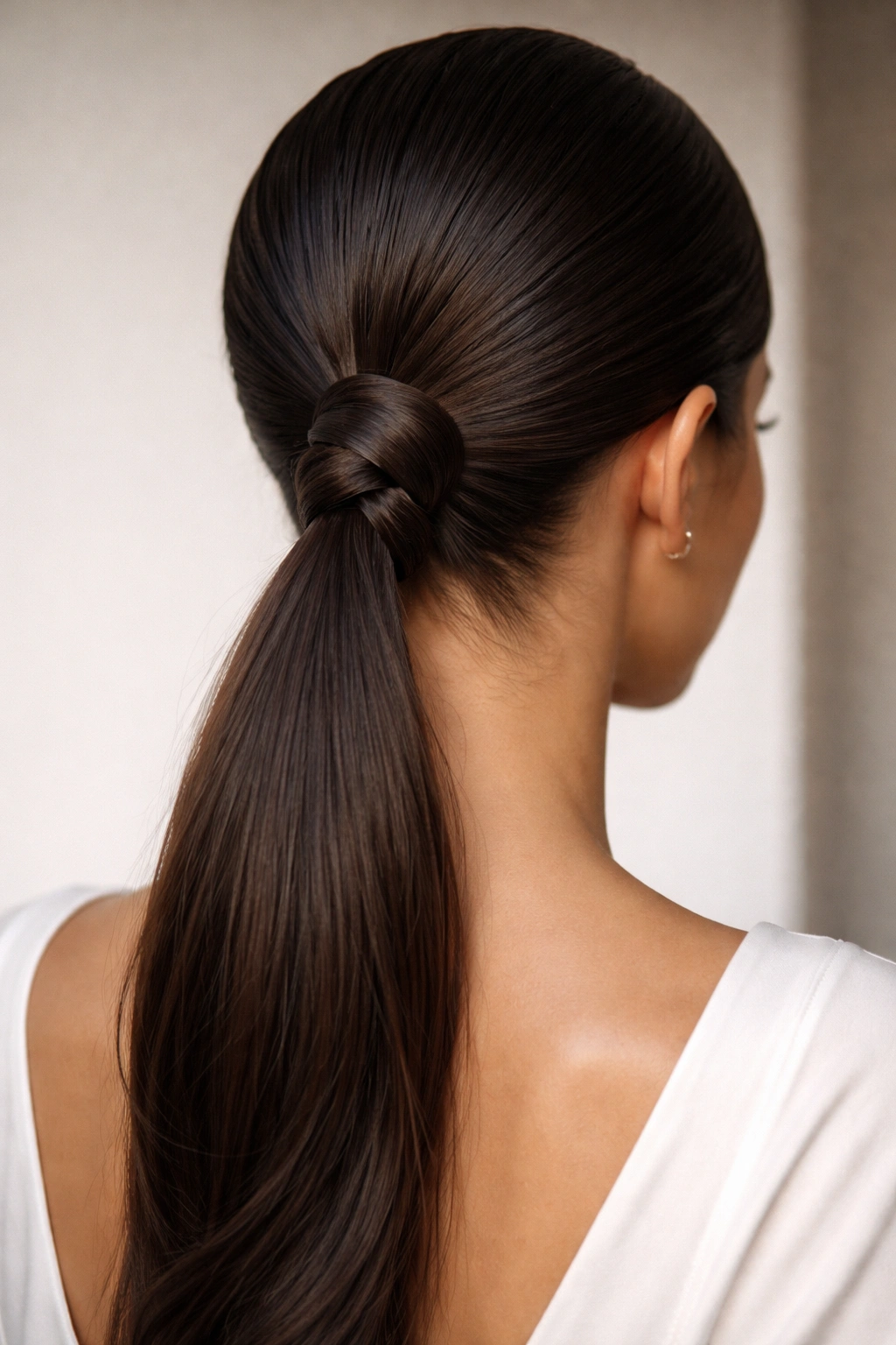 Sleek low ponytail with a knot at the base