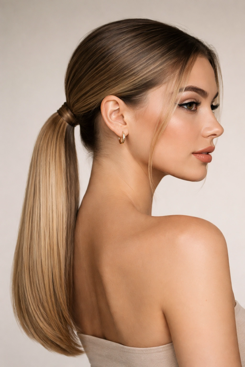 Close-up of a sleek low ponytail at the nape with glossy, smooth hair